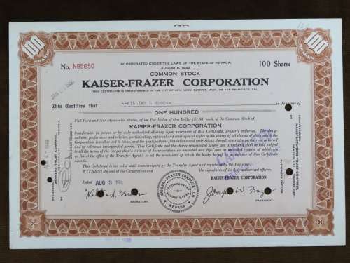 1949 Kaiser Frazer Corporation, Stock Certificate, 100 Shares, 95650