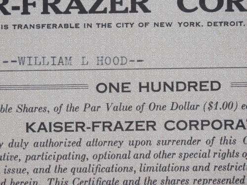1949 Kaiser Frazer Corporation, Stock Certificate, 100 Shares, 95650