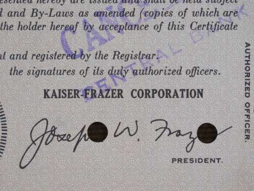 1949 Kaiser Frazer Corporation, Stock Certificate, 100 Shares, 95650