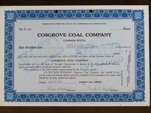 1949 Cosgrove Coal Company, Stock Certificate, 8 Shares, C248