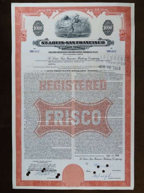 1948 St Louis San Francisco Railway Company, $1000 Bond Certificate RM1012
