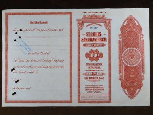 1948 St Louis San Francisco Railway Company, $1000 Bond Certificate RM1012