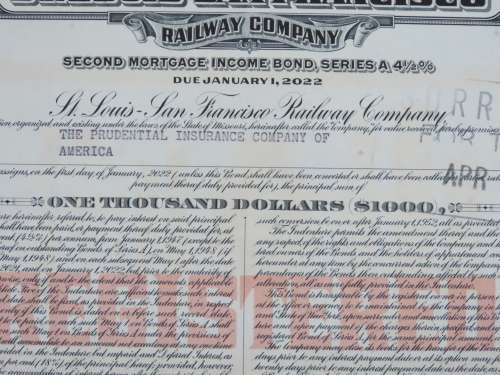 1948 St Louis San Francisco Railway Company, $1000 Bond Certificate RM1012