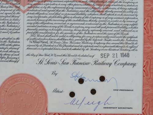 1948 St Louis San Francisco Railway Company, $1000 Bond Certificate RM1012