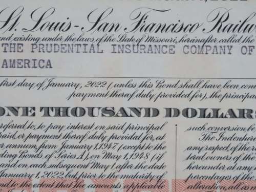 1948 St Louis San Francisco Railway Company, $1000 Bond Certificate RM1012