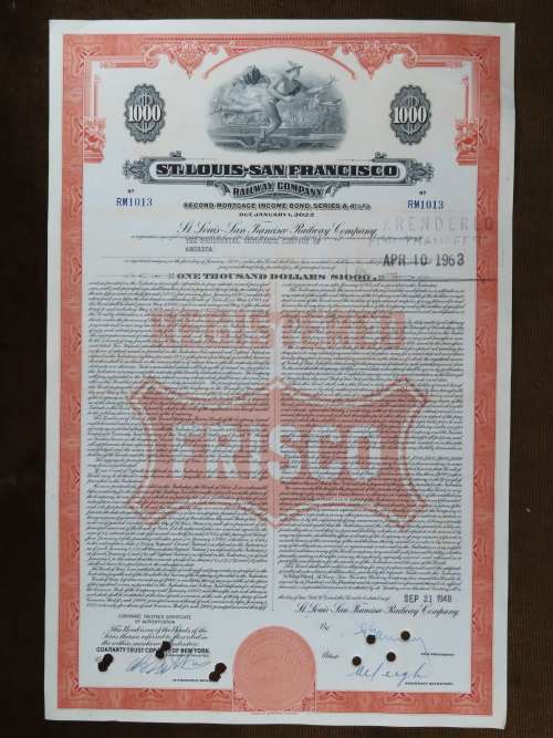 1948 St Louis San Francisco Railway Company, $1000 Bond Certificate RM1013