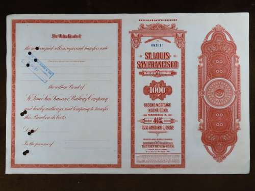 1948 St Louis San Francisco Railway Company, $1000 Bond Certificate RM1013