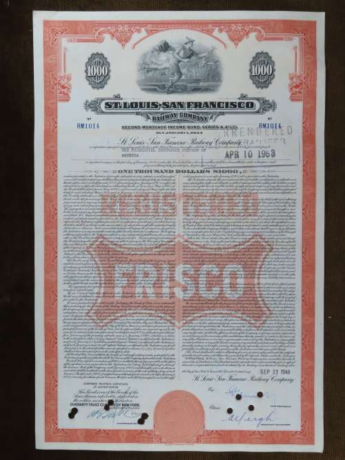 1948 St Louis San Francisco Railway Company, $1000 Bond Certificate RM1014
