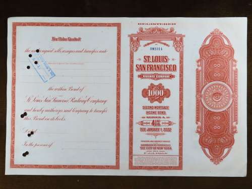 1948 St Louis San Francisco Railway Company, $1000 Bond Certificate RM1014