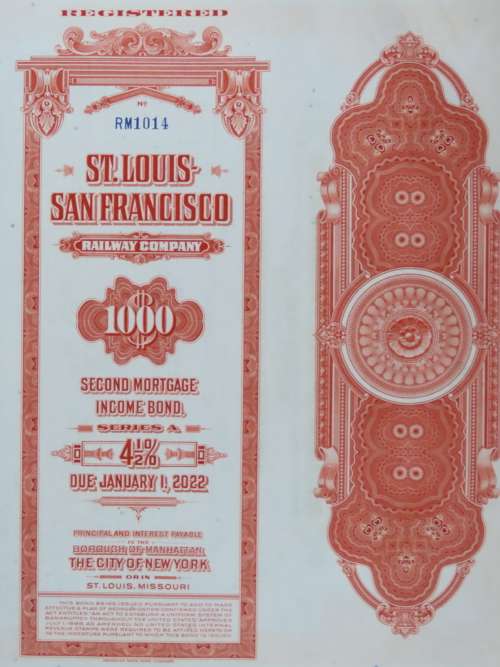 1948 St Louis San Francisco Railway Company, $1000 Bond Certificate RM1014