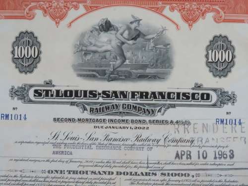 1948 St Louis San Francisco Railway Company, $1000 Bond Certificate RM1014