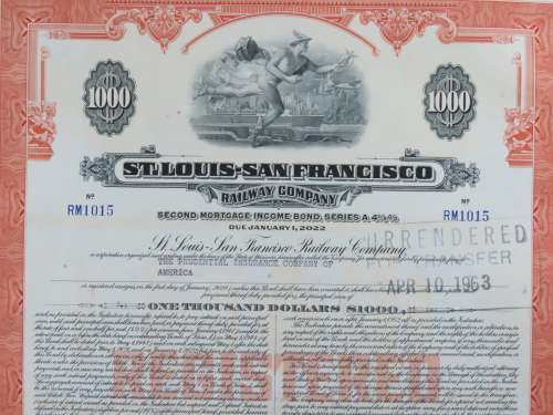 1948 St Louis San Francisco Railway Company, $1000 Bond Certificate RM1015