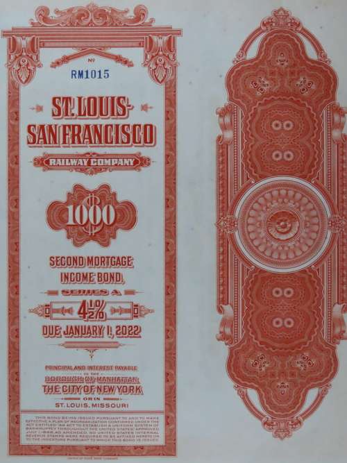 1948 St Louis San Francisco Railway Company, $1000 Bond Certificate RM1015