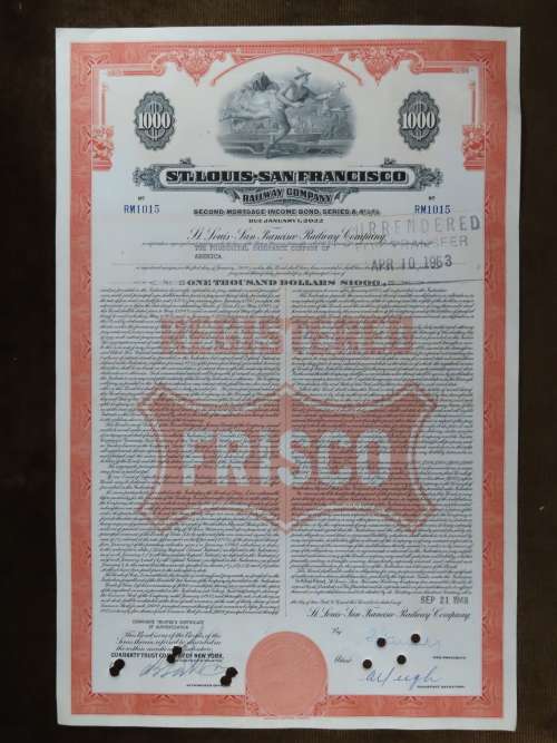 1948 St Louis San Francisco Railway Company, $1000 Bond Certificate RM1015