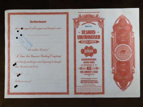1948 St Louis San Francisco Railway Company, $1000 Bond Certificate RM1015