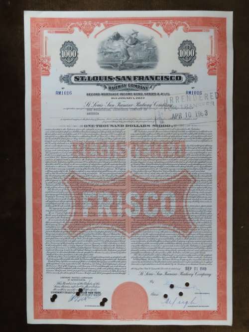 1948 St Louis San Francisco Railway Company, $1000 Bond Certificate RM1016