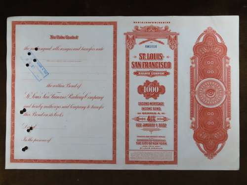1948 St Louis San Francisco Railway Company, $1000 Bond Certificate RM1016