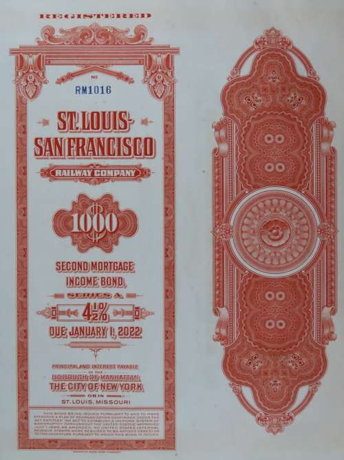 1948 St Louis San Francisco Railway Company, $1000 Bond Certificate RM1016