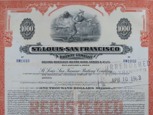 1948 St Louis San Francisco Railway Company, $1000 Bond Certificate RM1016