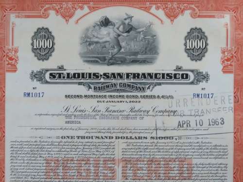 1948 St Louis San Francisco Railway Company, $1000 Bond Certificate RM1017