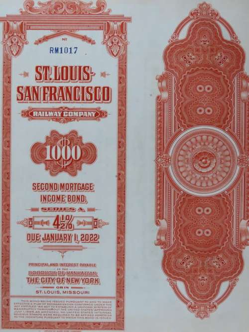 1948 St Louis San Francisco Railway Company, $1000 Bond Certificate RM1017