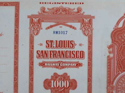 1948 St Louis San Francisco Railway Company, $1000 Bond Certificate RM1017