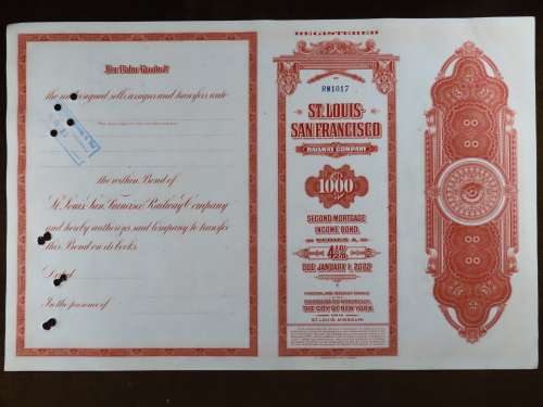 1948 St Louis San Francisco Railway Company, $1000 Bond Certificate RM1017