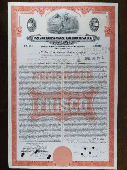 1948 St Louis San Francisco Railway Company, $1000 Bond Certificate RM1018