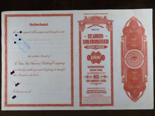 1948 St Louis San Francisco Railway Company, $1000 Bond Certificate RM1018
