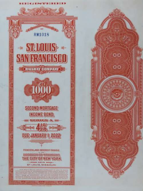 1948 St Louis San Francisco Railway Company, $1000 Bond Certificate RM1018