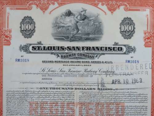 1948 St Louis San Francisco Railway Company, $1000 Bond Certificate RM1018