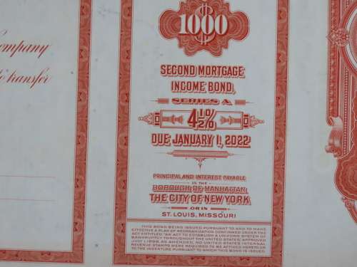 1948 St Louis San Francisco Railway Company, $1000 Bond Certificate RM1018
