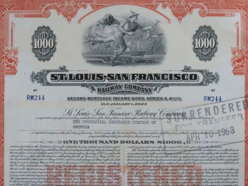 1948 St Louis San Francisco Railway Company, $1000 Bond Certificate RM244