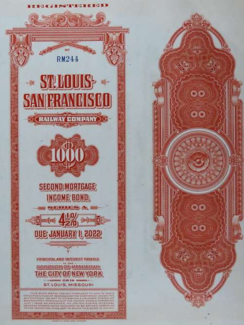 1948 St Louis San Francisco Railway Company, $1000 Bond Certificate RM244