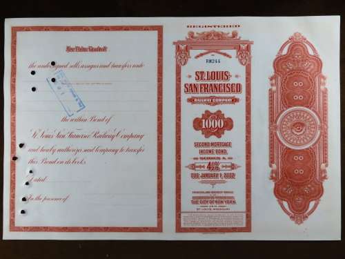 1948 St Louis San Francisco Railway Company, $1000 Bond Certificate RM244