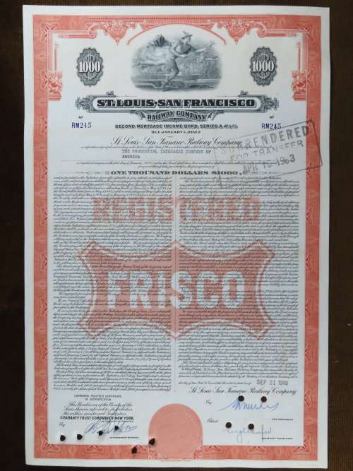 1948 St Louis San Francisco Railway Company, $1000 Bond Certificate RM245