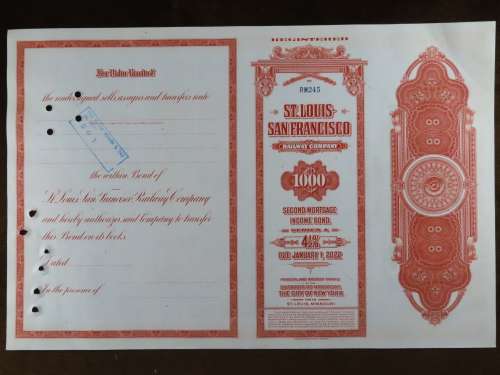 1948 St Louis San Francisco Railway Company, $1000 Bond Certificate RM245