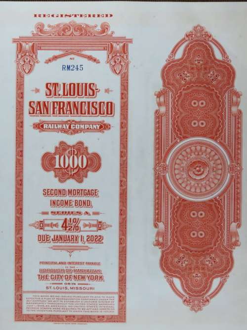 1948 St Louis San Francisco Railway Company, $1000 Bond Certificate RM245