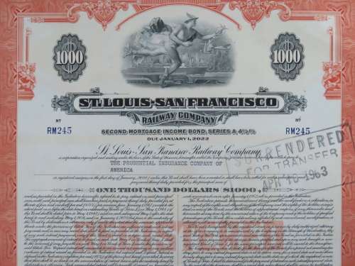 1948 St Louis San Francisco Railway Company, $1000 Bond Certificate RM245