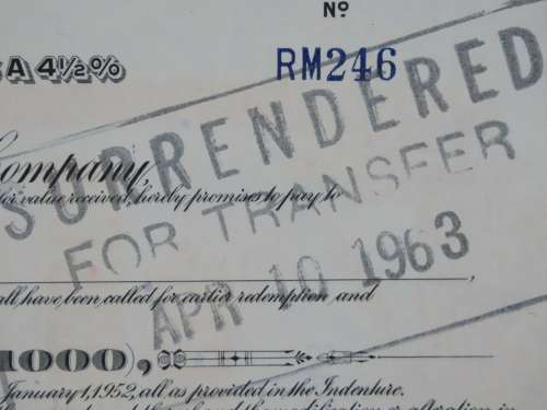 1948 St Louis San Francisco Railway Company, $1000 Bond Certificate RM246
