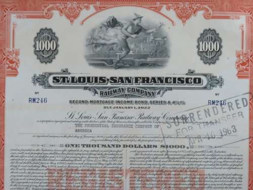 1948 St Louis San Francisco Railway Company, $1000 Bond Certificate RM246