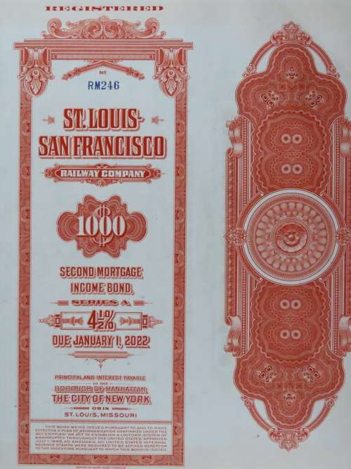 1948 St Louis San Francisco Railway Company, $1000 Bond Certificate RM246