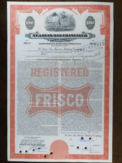 1948 St Louis San Francisco Railway Company, $1000 Bond Certificate RM246