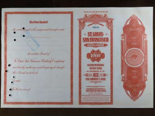 1948 St Louis San Francisco Railway Company, $1000 Bond Certificate RM246