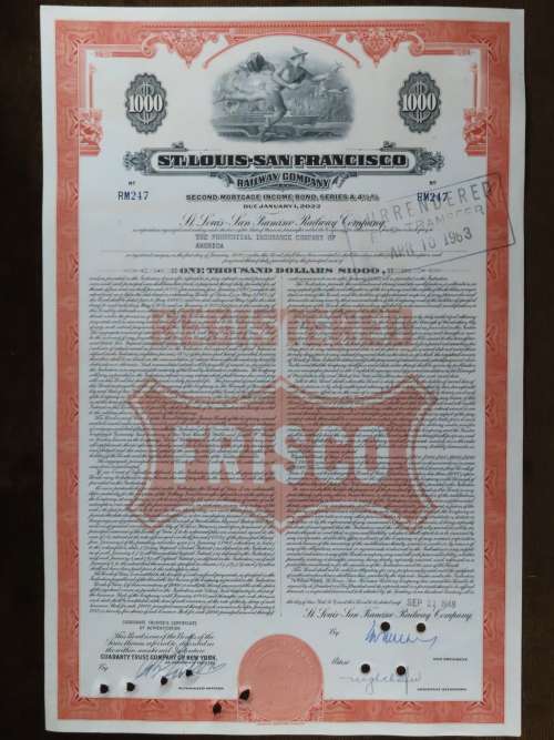 1948 St Louis San Francisco Railway Company, $1000 Bond Certificate RM247