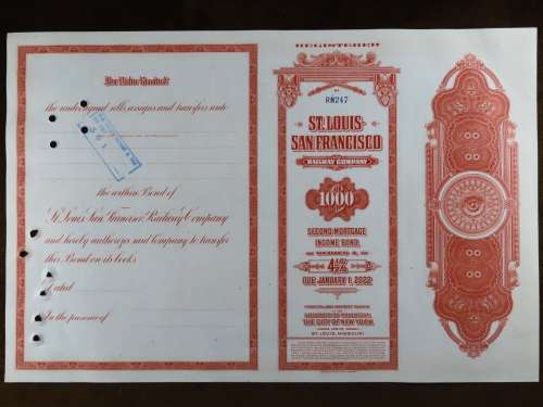 1948 St Louis San Francisco Railway Company, $1000 Bond Certificate RM247