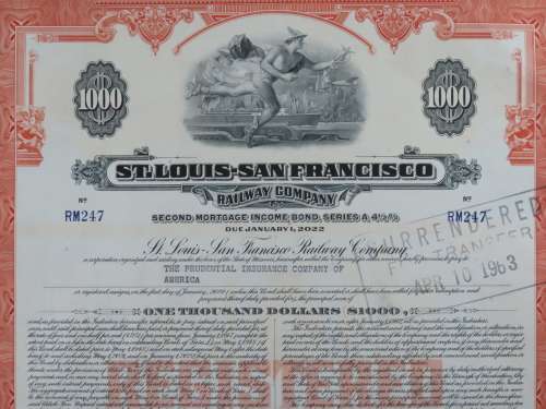 1948 St Louis San Francisco Railway Company, $1000 Bond Certificate RM247