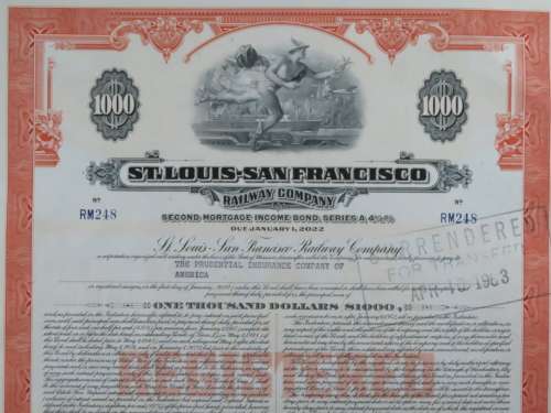 1948 St Louis San Francisco Railway Company, $1000 Bond Certificate RM248