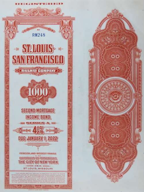 1948 St Louis San Francisco Railway Company, $1000 Bond Certificate RM248
