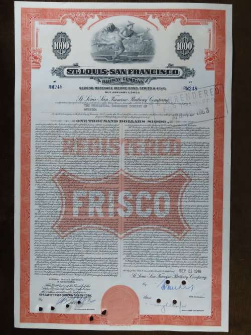 1948 St Louis San Francisco Railway Company, $1000 Bond Certificate RM248